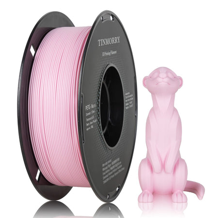 Spool of pink 3D printing filament and a pink 3D printed animal figure on a white background