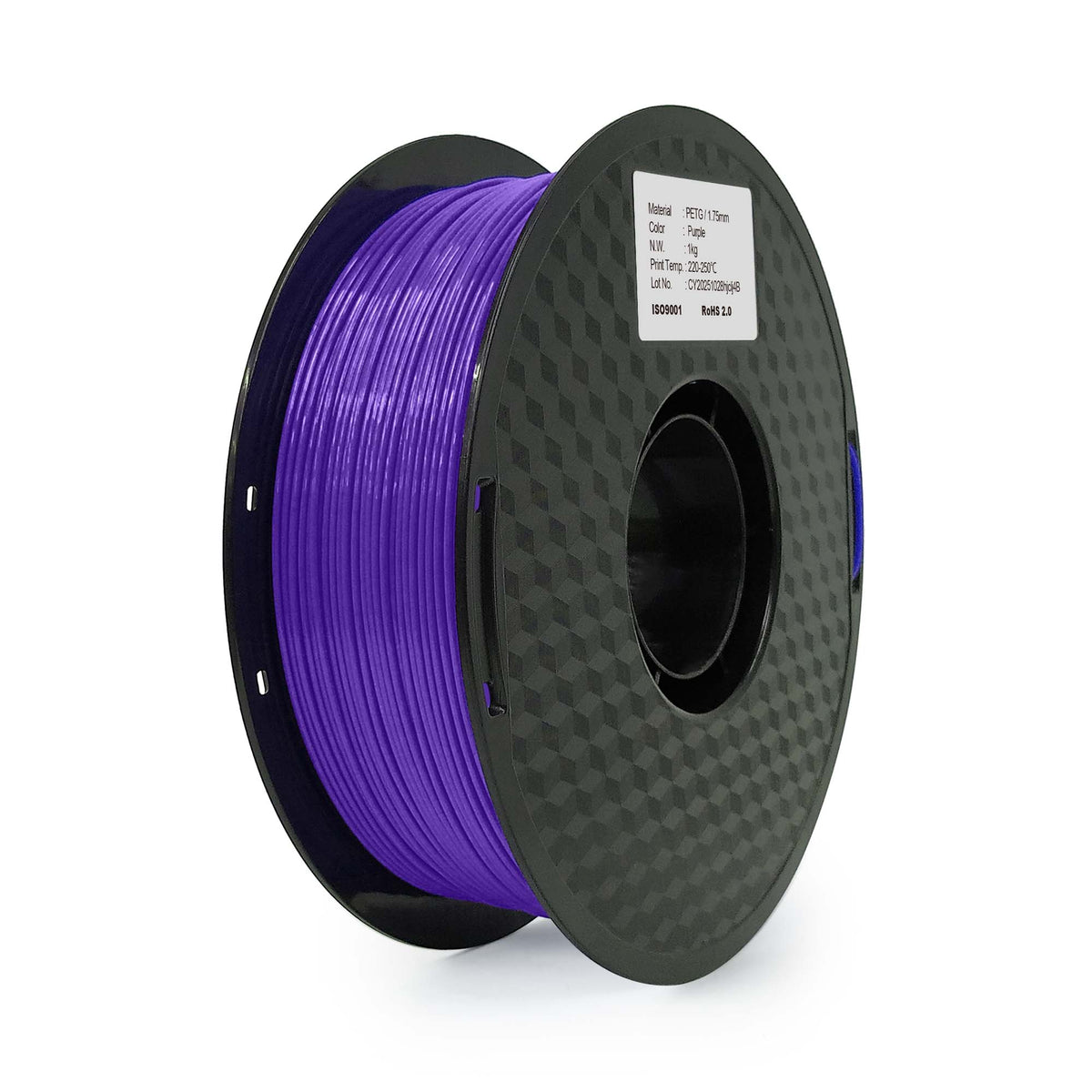 Spool of purple 3D printing filament on a white background