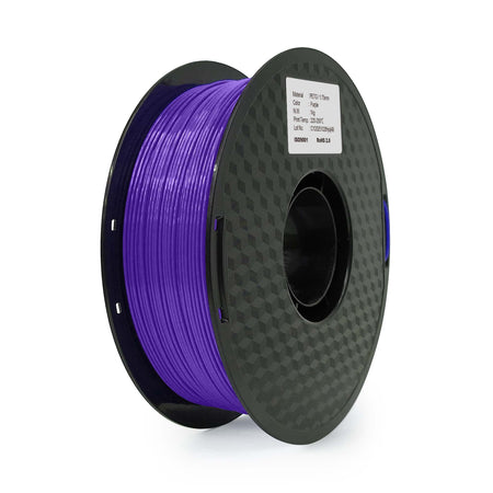 Spool of purple 3D printing filament on a white background