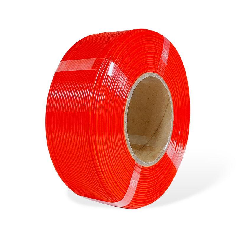 Roll of red  filament on a white background