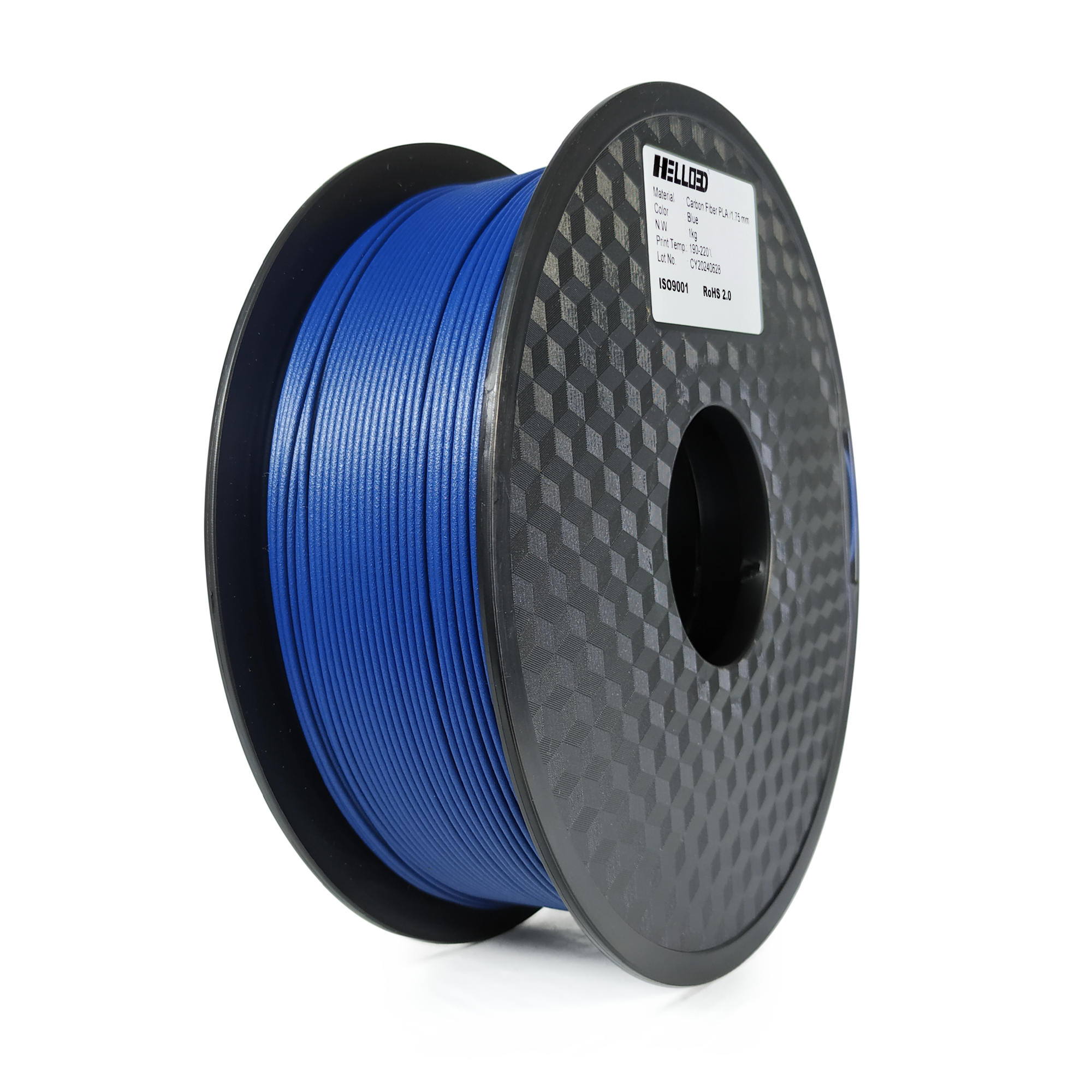 Spool of blue filament on a white background