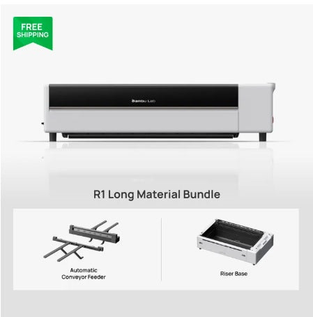 A long material cutter machine shown on a light gray background with a green 'FREE SHIPPING' banner in the top left. Below the main product, text reads 'R1 Long Material Bundle' and two smaller inset images show included accessories: an automatic conveyor feeder and a riser base.