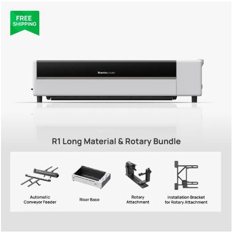 A white and black Bambu Lab R1 long material and rotary bundle printer shown on a light gray background, with a green 'FREE SHIPPING' banner in the top left and smaller accessory callouts below.