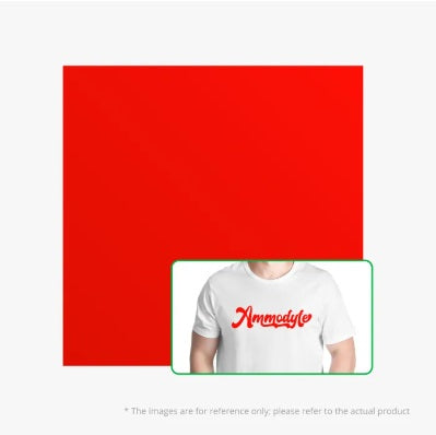 Red square with a person wearing a white t-shirt with 'Ammodyle' logo on a white background.