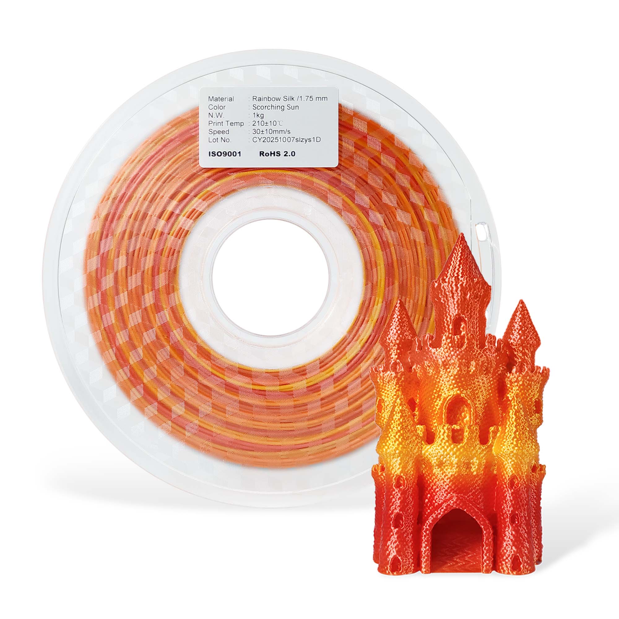 Spool of scorching sun orange filament and a 3D printed castle model on a white background