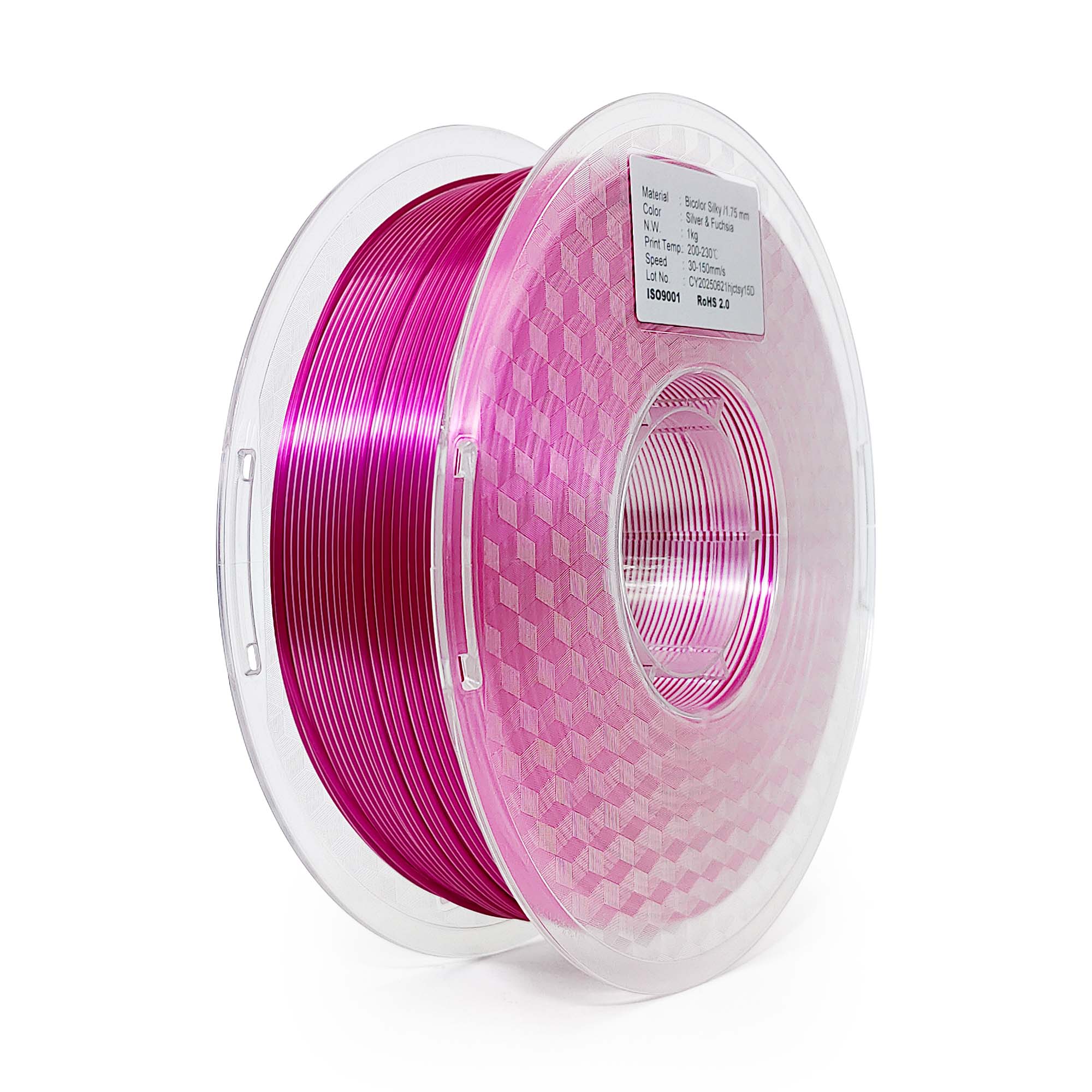 Spool of pink filament on a white background
