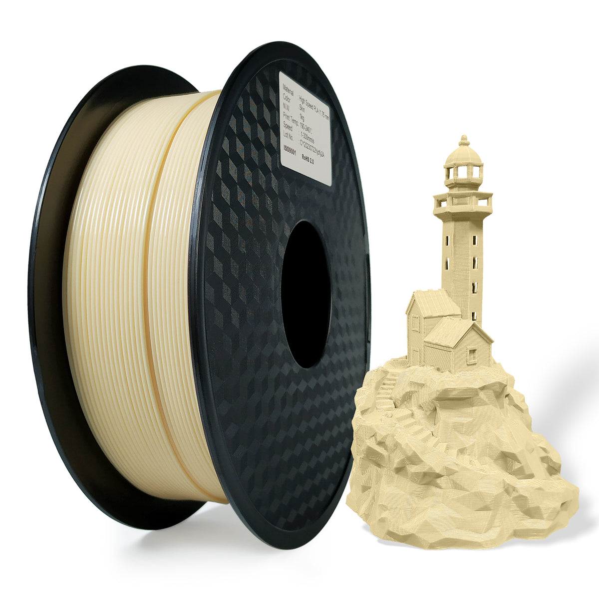 Spool of beige filament next to a 3D-printed lighthouse model on a white background