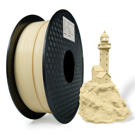Spool of beige filament next to a 3D-printed lighthouse model on a white background