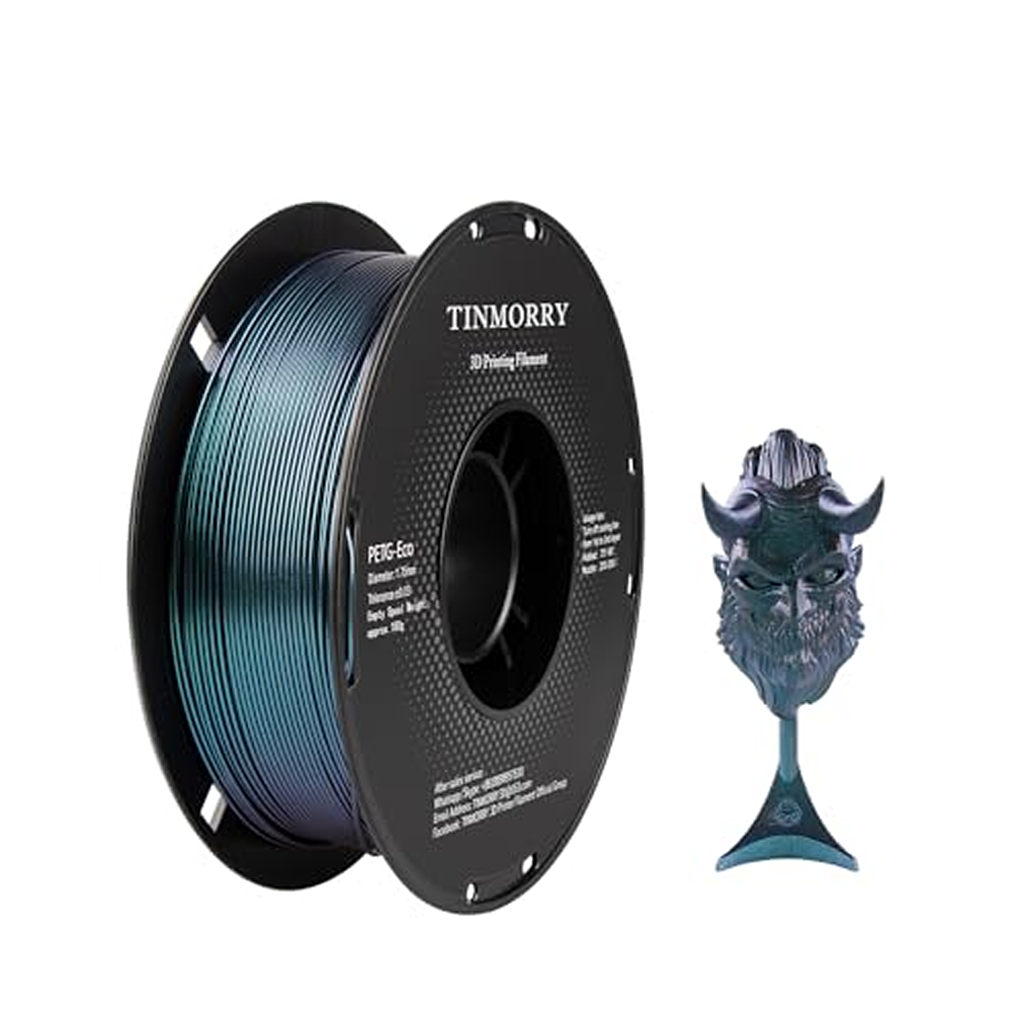 Spool of TINMORRY 3D printing filament with a printed model on a white background