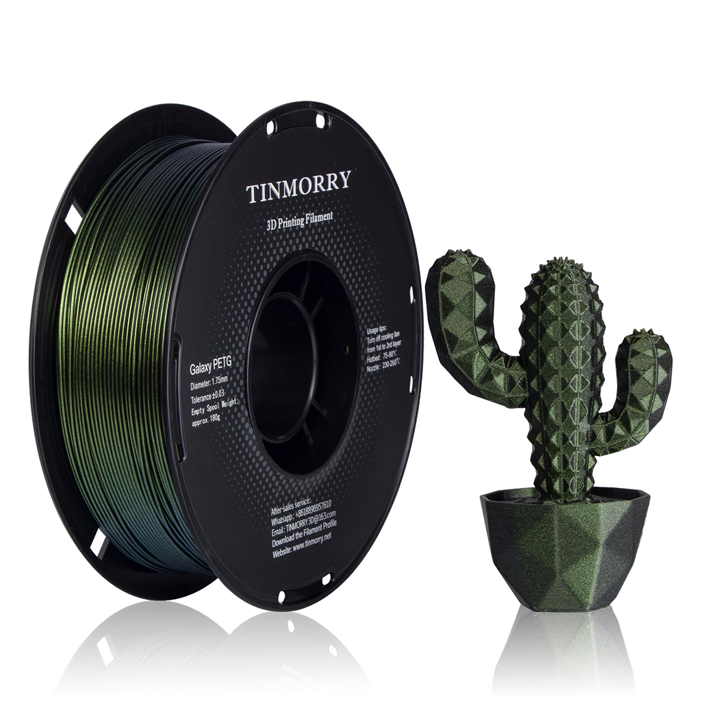 Spool of TINMORRY 3D printing filament next to a 3D printed cactus plant on a white background