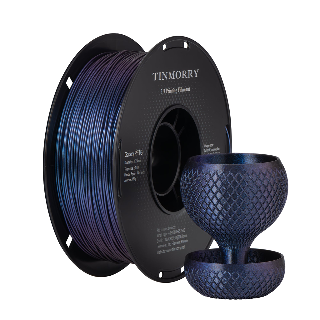 Spool of TINMORRY 3D printing filament with a printed blue object on a white background
