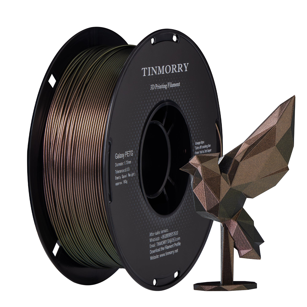 Spool of TINMORRY 3D printing filament with a printed object on a white background