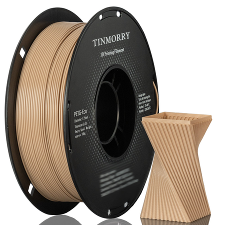 A spool of Timmorry PETG-Eco 3D printing filament in an apricot color, shown next to a small 3D-printed geometric test object on a clean white background.