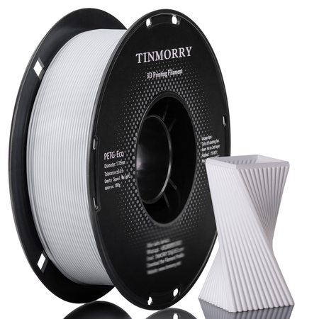 A spool of TINMORRY PETG-Eco 3D printing filament next to a white 3D-printed geometric test print on a clean white background.