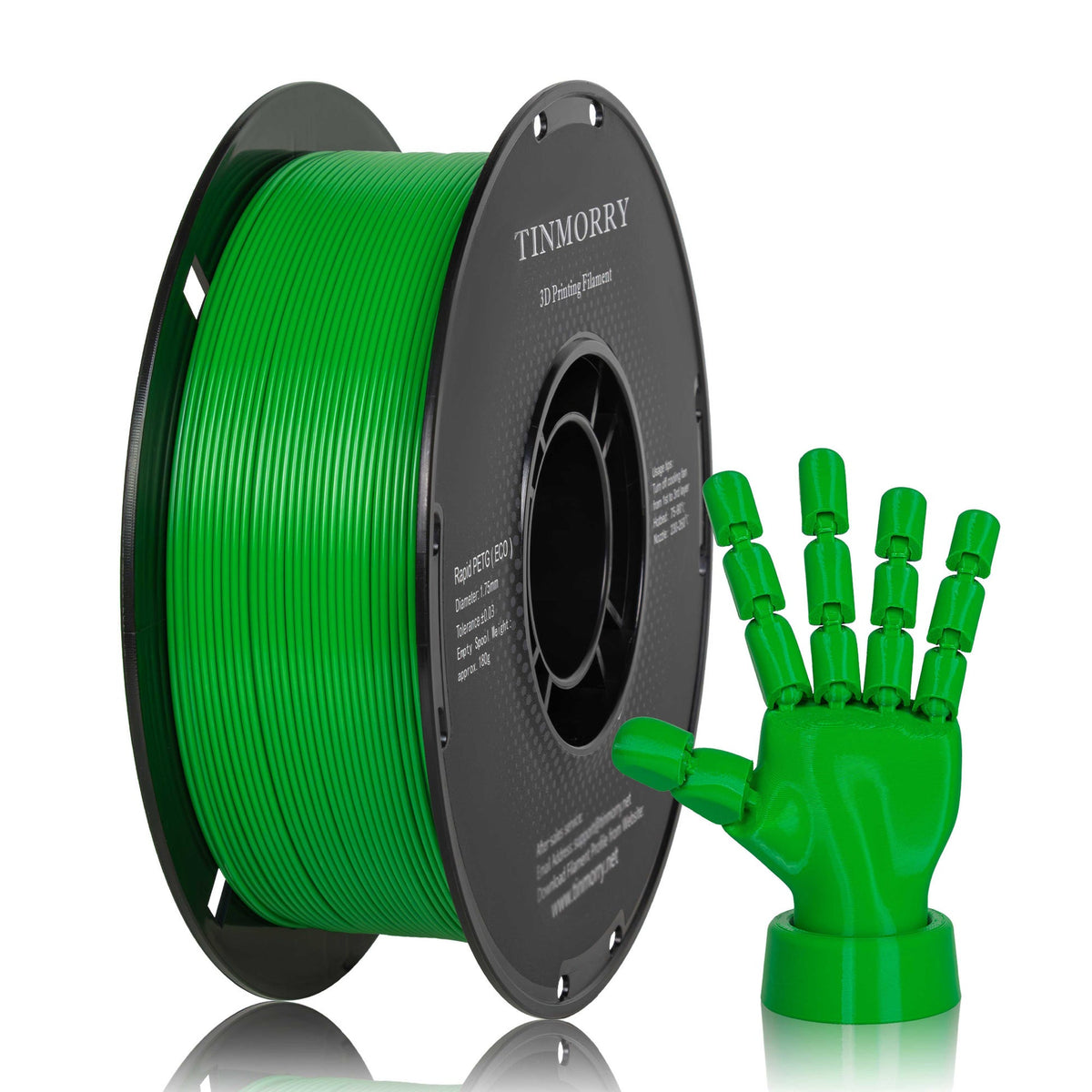 Spool of green 3D printing filament and a green 3D printed hand model on a white background