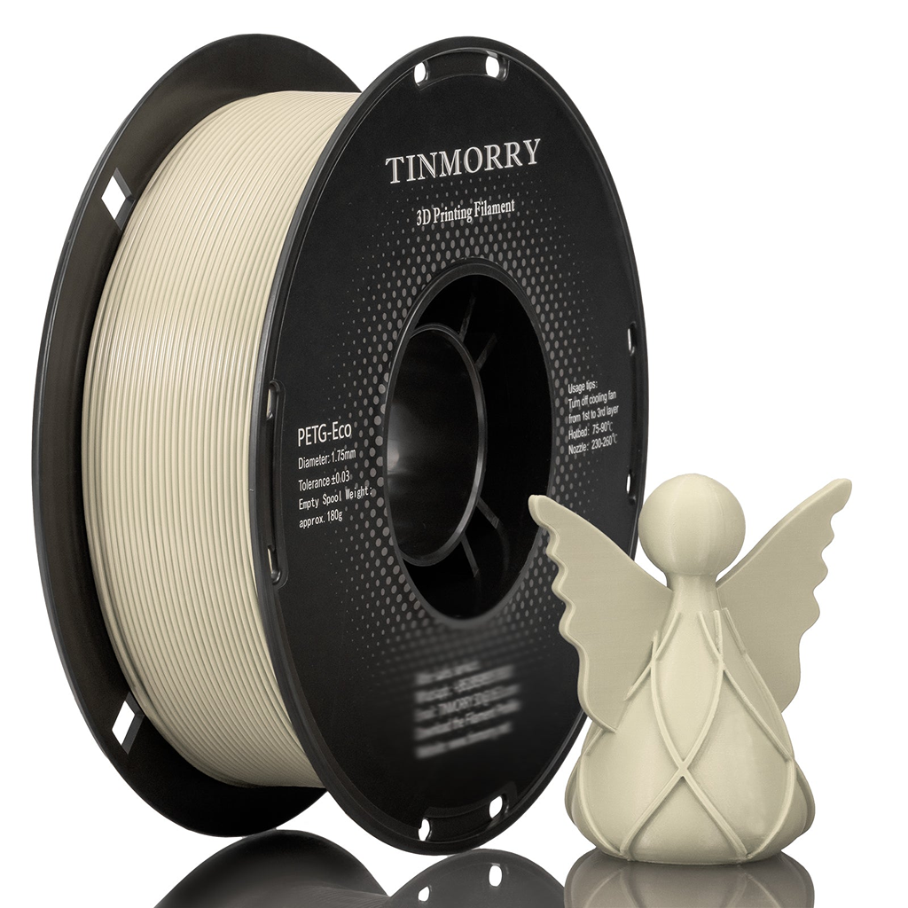 A spool of Meeple White TINMORRY 3D Printing Filament in PETG-Eco, shown next to a small beige angel figurine on a reflective white surface.