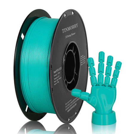 Spool of teal 3D printing filament with a small teal 3D printed hand model on a white background