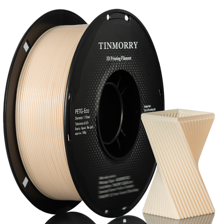 Spool of TINMORRY 3D printing filament with a printed object on a white background