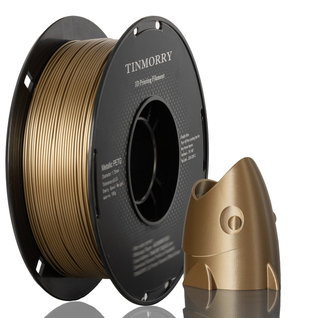 Spool of Tinmorry 3D printing filament with a Champaign gold 3D printed object on a white background