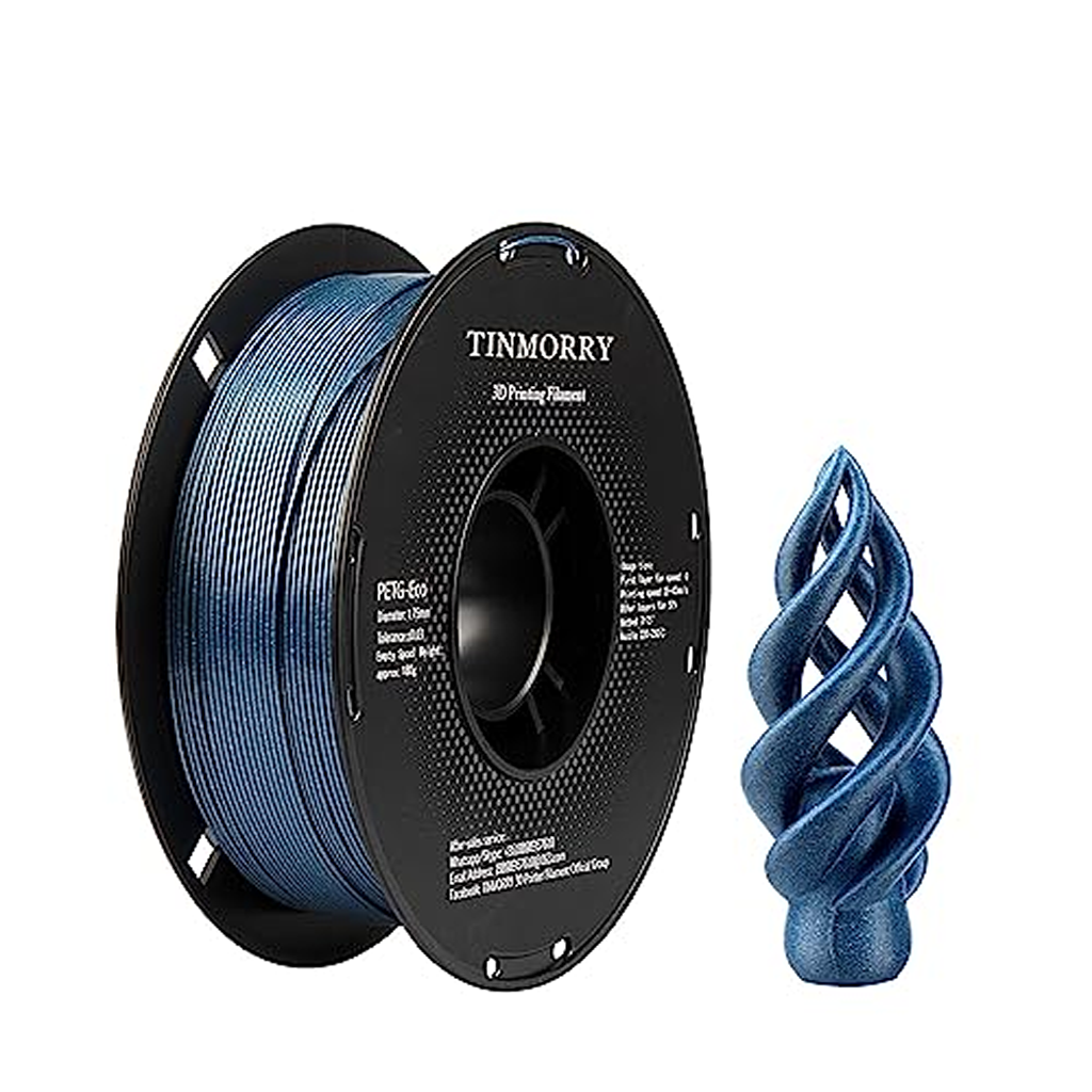 Spool of blue 3D printing filament with a printed spiral on a white background