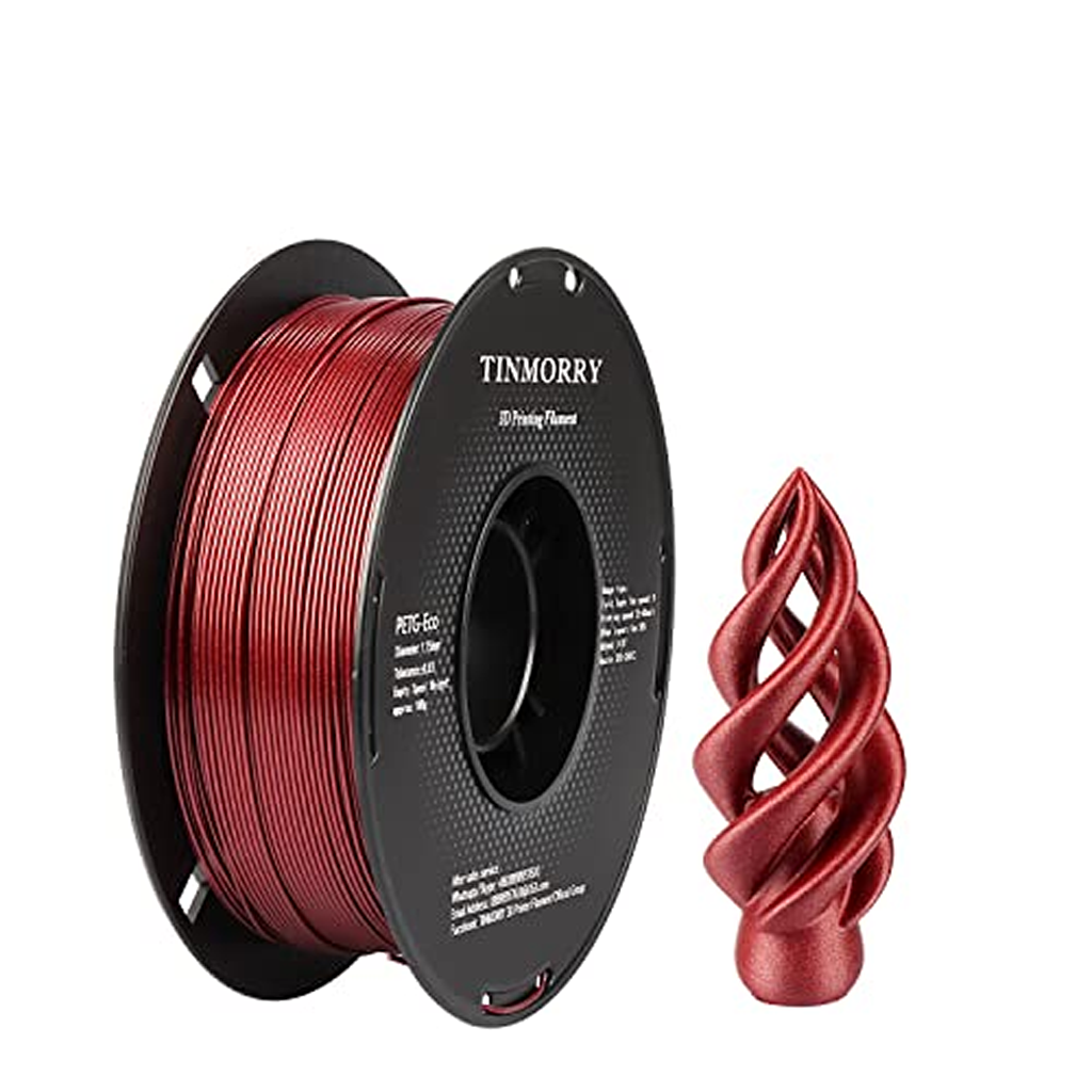Spool of red 3D printing filament with a sample piece on a white background