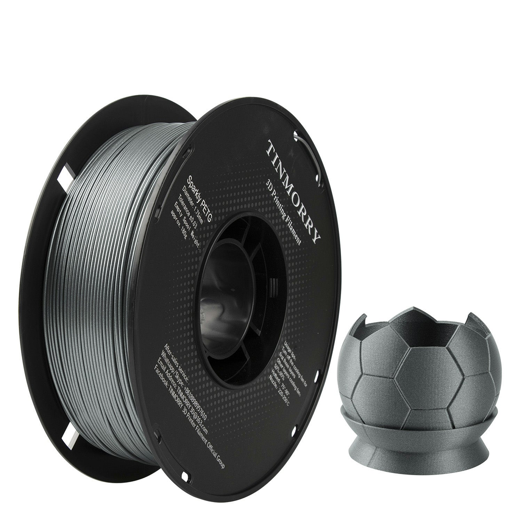 Spool of TINMORRY 3D printing filament with a printed object on a white background