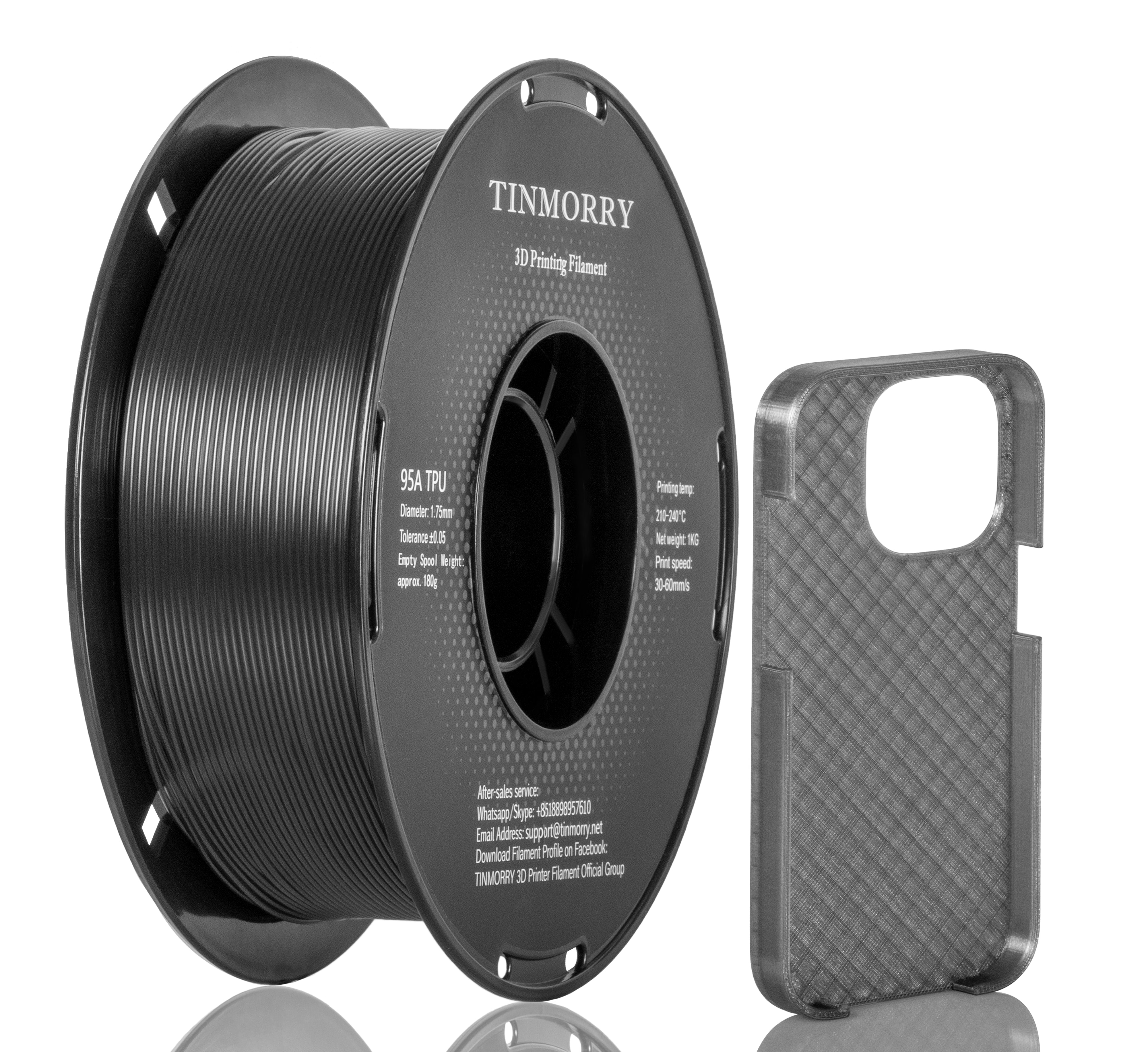 Spool of black 3D printing filament and a carbon fiber style phone case on a white background
