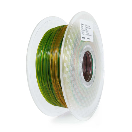Spool of green and brown filament on a white background