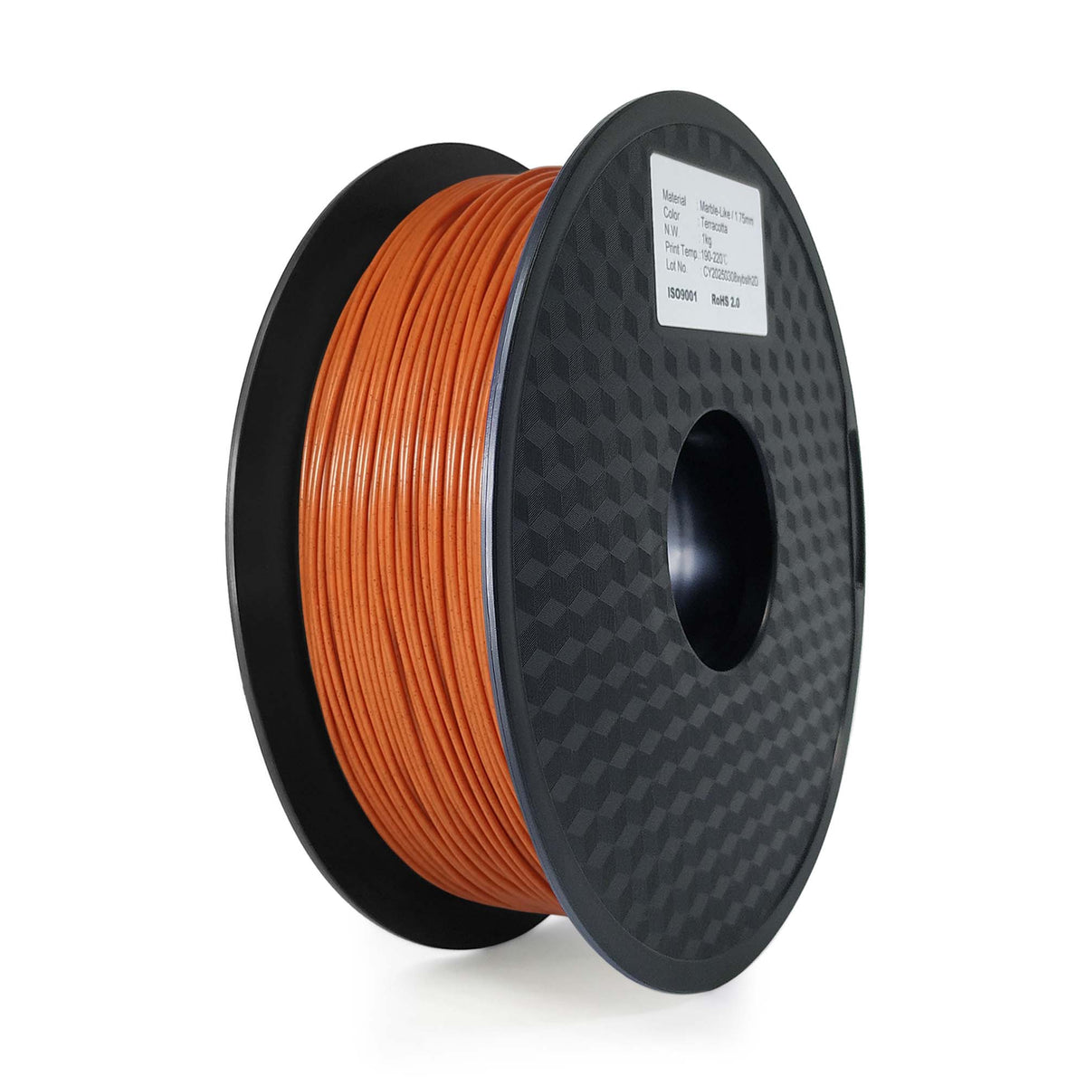 Spool of orange filament on a black spool with a white background
