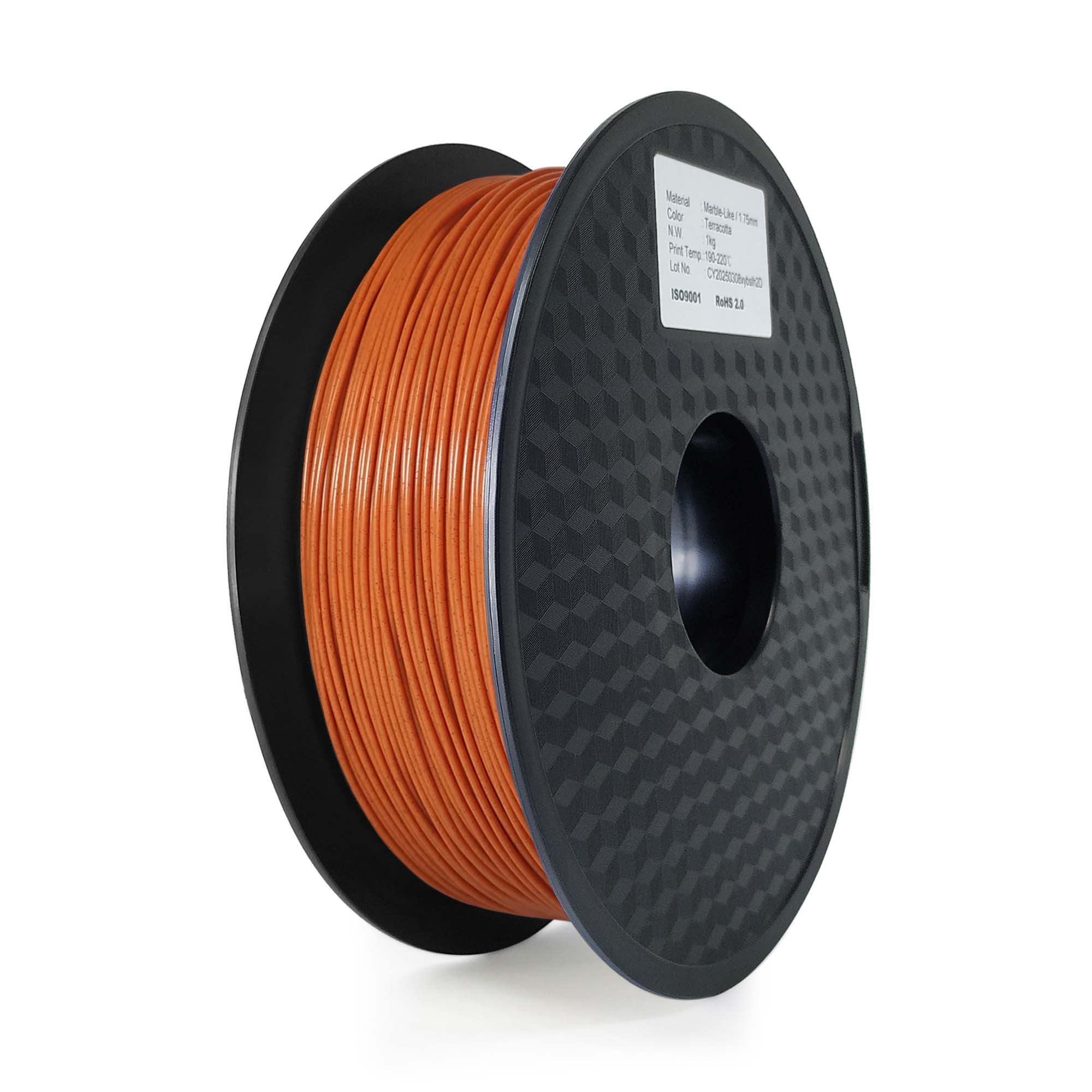 Spool of orange filament on a black spool with a white background
