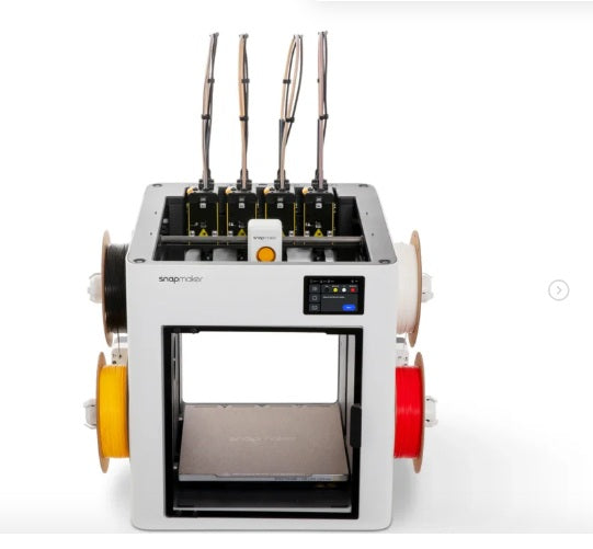 3D printer with various nozzles on a white background