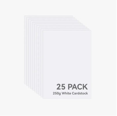 25 sheets of white cardstock with text indicating a pack size and weight.