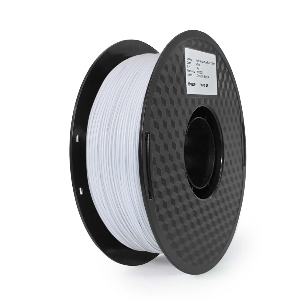 Spool of white filament on a black spool with a white background