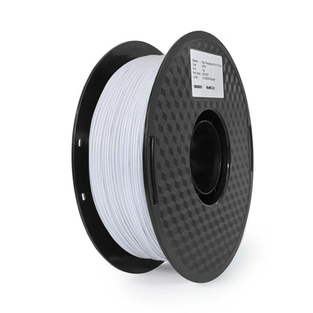 Spool of white filament on a black spool with a white background