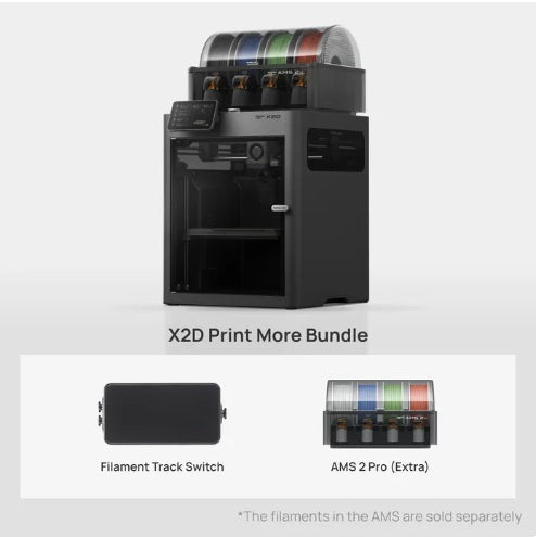 Black X2D 3D printer shown on a light gray background with text reading 'X2D Print More Bundle' and two inset product details below: a filament track switch and AMS 2 Pro (extra) cartridge component. The main subject is the printer itself, and there is no person, animal, or real environment.