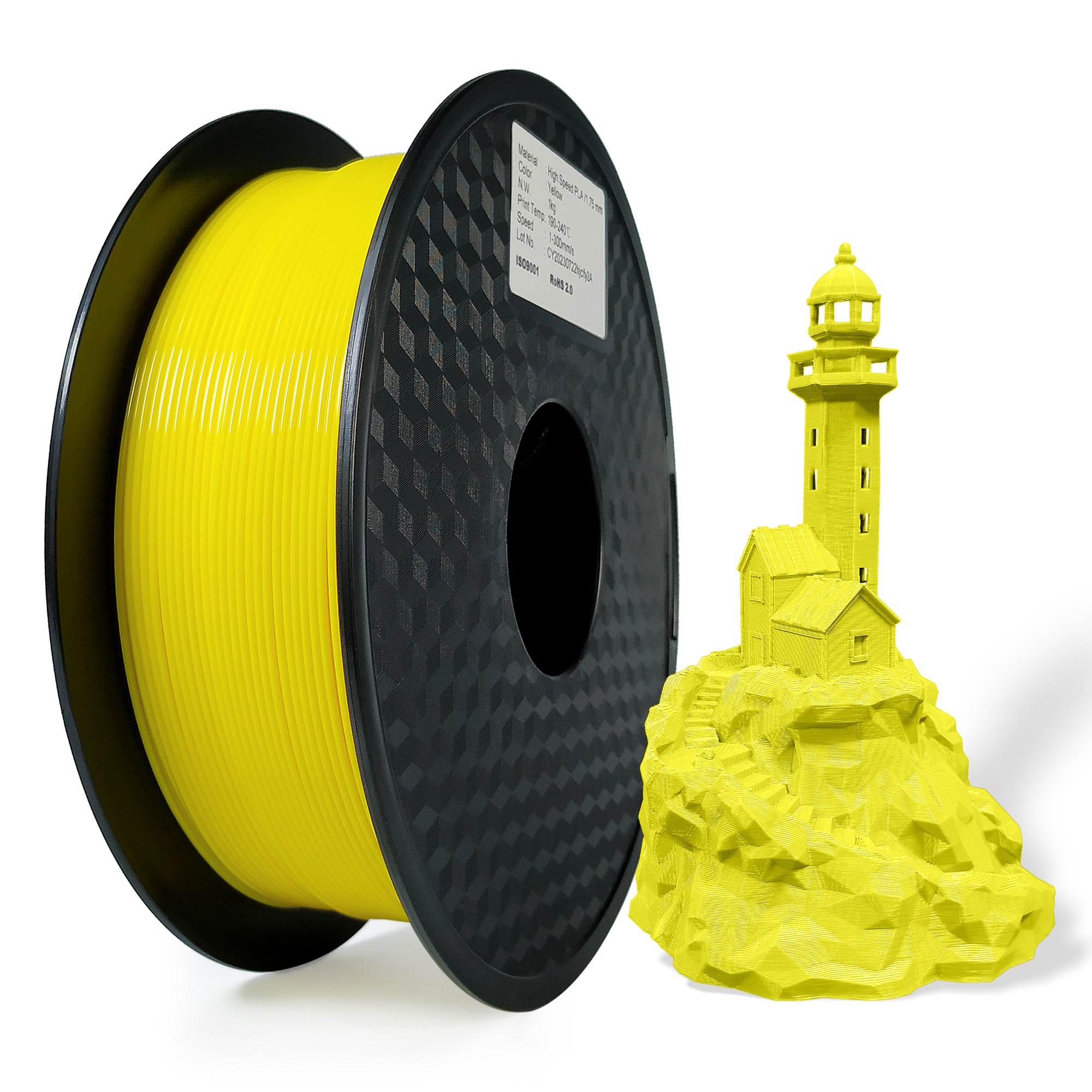 Spool of yellow filament and a 3D printed lighthouse model on a white background