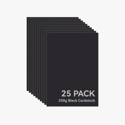 Stack of black cardstock with '25 Pack' and '250g Black Cardstock' text on a white background