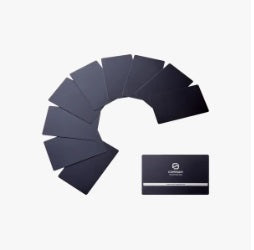 Set of dark color swatches arranged in a semi-circle with a card featuring a logo on a white background