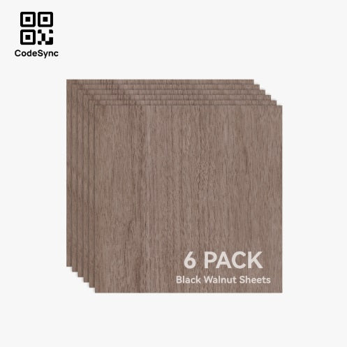 Six packs of black walnut sheets on a white background with CodeSync branding.