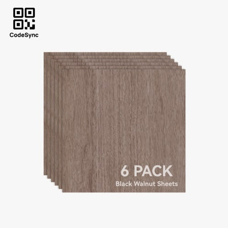 Six packs of black walnut sheets on a white background with CodeSync branding.