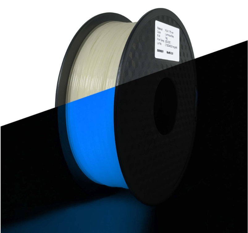 Spool of filament with a blue glow on a black background