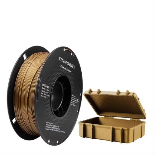 Spool of TINMORRY PETG filament and a bronze-colored 3D printed object on a white background