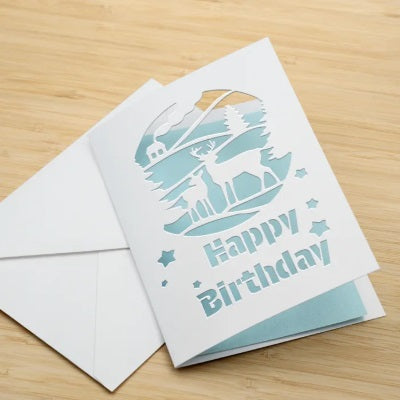 Birthday card with a blue design and 'Happy Birthday' text on a wooden surface