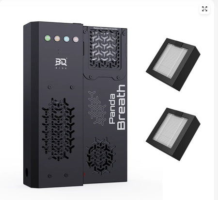 Black air purifier with filters on a white background