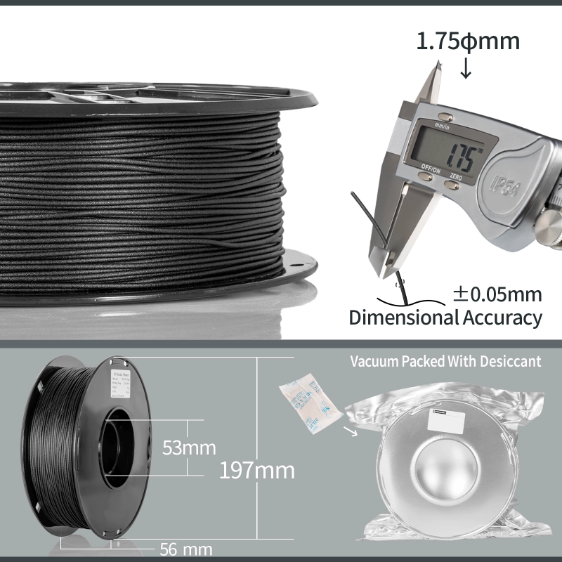 Spool of black filament with measurement details and packaging on a gray background