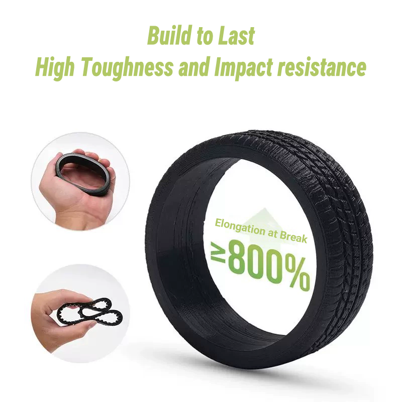 Black rubber band with text on toughness and impact resistance, held by hands.