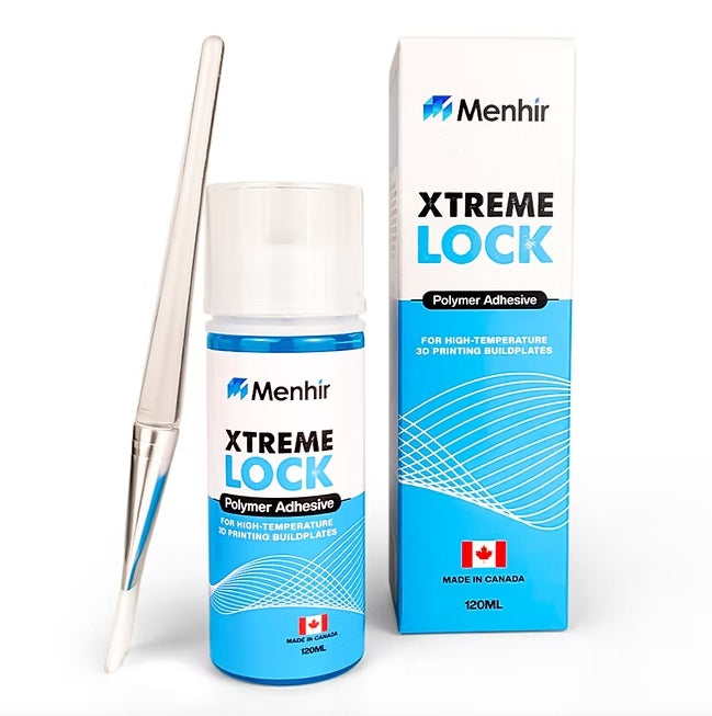 Menhir Xtreme Lock Polymer Adhesive 120ml bottle with a metal applicator tool and its retail box on a white background.