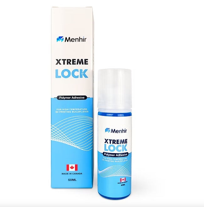 Menhir Xtreme Lock Polymer Adhesive shown as a 50ml bottle next to its white and blue retail box on a plain white background.