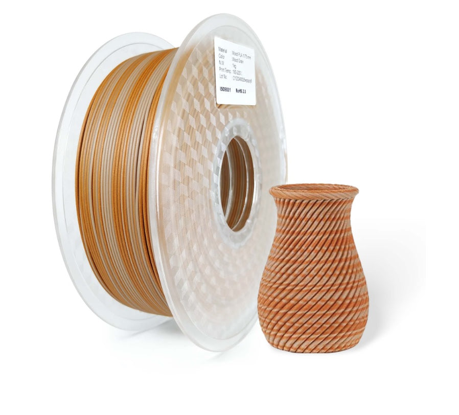 Spool of wood grain filament and a 3D printed vase on a white background