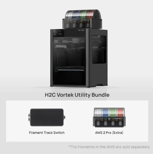 A black 3D printer shown with a 'H2C Vortex Utility Bundle' on a light gray background, including a filament track switch and an AMS 2 Pro extra filament tray.